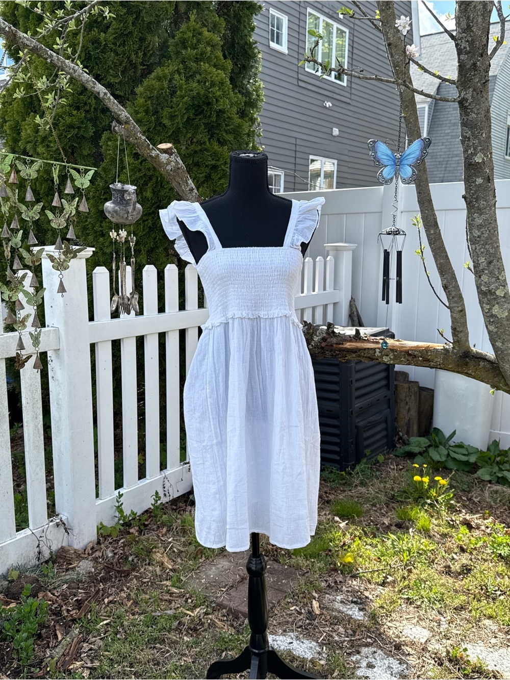 White Cotton Smocked Bodice Midi Dress with Ruffle Straps | Free Size